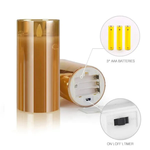 Flameless LED Glass Cup Pillar Candles, Paraffin Wax - AA Battery Powered, Faux Wick/Moving Flame, Remote Controller With Timer Function (Pack of 3 candles + Remote + 9xAA Batteries) - Brown