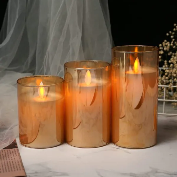 Flameless LED Glass Cup Pillar Candles, Paraffin Wax - AA Battery Powered, Faux Wick/Moving Flame, Remote Controller With Timer Function (Pack of 3 candles + Remote + 9xAA Batteries) - Brown