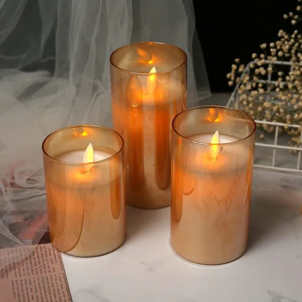 Flameless LED Glass Cup Pillar Candles, Paraffin Wax - AA Battery Powered, Faux Wick/Moving Flame, Remote Controller With Timer Function (Pack of 3 candles + Remote + 9xAA Batteries) - Brown
