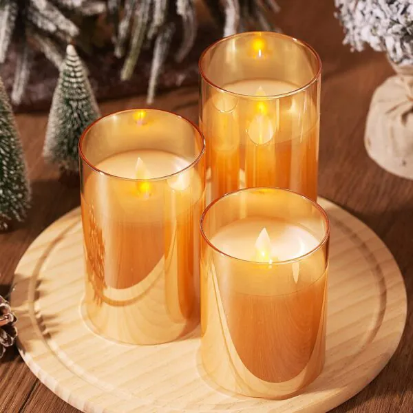 Flameless LED Glass Cup Pillar Candles, Paraffin Wax - AA Battery Powered, Faux Wick/Moving Flame, Remote Controller With Timer Function (Pack of 3 candles + Remote + 9xAA Batteries) - Brown