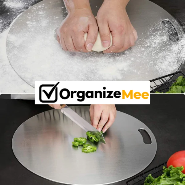 ORGANIZEMEE Steel Chopping Board Cutting,Food-Grade Chopping Cutting Slicing Serving Cut Board for Fruits Vegetables Meat Cheese Pizza Dough for Chefs Kitchen Home Size:(31 cm Round X 1.5 mm Thick)