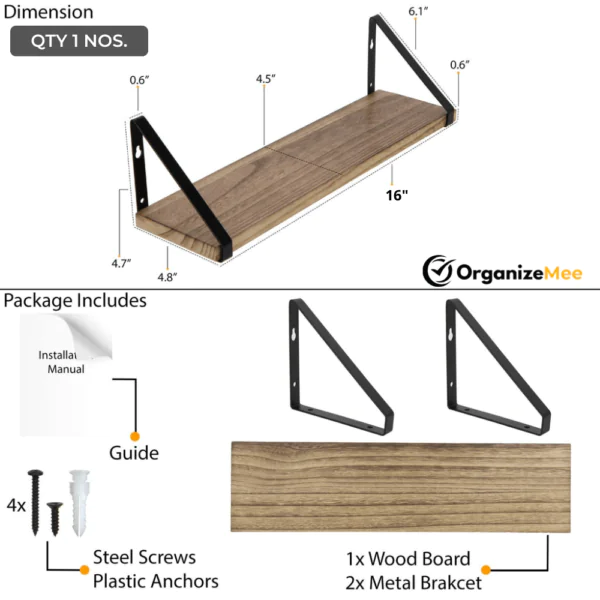16 Inch Pine Wood Floating Shelf For Wall , With Black Metal Brackets Wall Decor (L 16″ X 5″ Shade Walnut QTY 1) Black Brackets