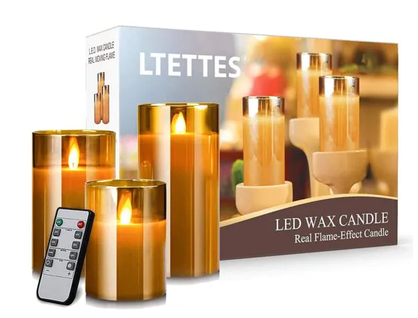 Flameless LED Glass Cup Pillar Candles, Paraffin Wax - AA Battery Powered, Faux Wick/Moving Flame, Remote Controller With Timer Function (Pack of 3 candles + Remote + 9xAA Batteries) - Brown