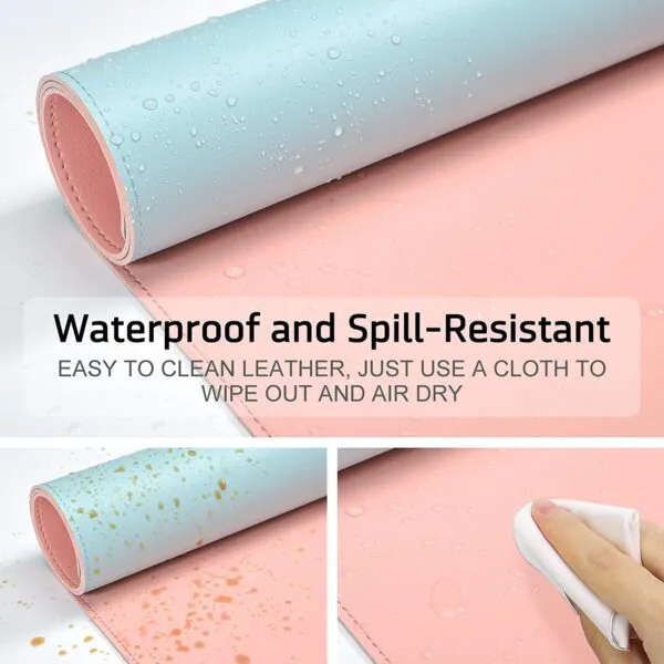 PU Leather Desk Pad Protector,Mouse Pad,Office Desk Mat,Non-Slip Vegan Leather Desk Blotter,Laptop Desk Pad,Waterproof Desk Writing Pad for Office and Home 70CM*35CM (Light Blue/Pink)