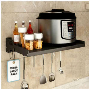 Extra Large Microwave Wall Shelf rack (Size 60 cm wide & 55 CM Deep) for Kitchen from 25-38 Liter with Hooks 65 Kg load capacity (Single Stage Matte Black)