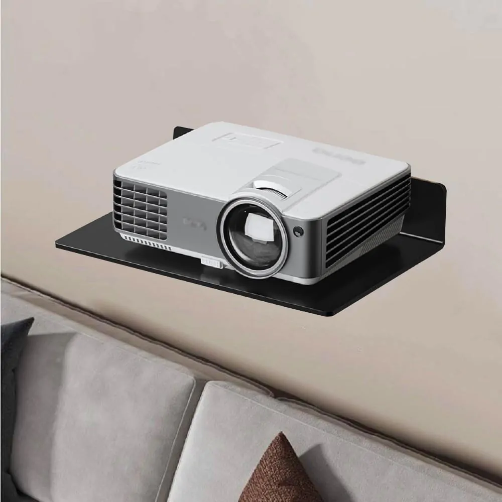 OrganizeMee 30.5 x 21.5 x 4 cm Wall Mount Floating Shelf for Set Top Box, Metal L-Shaped Bracket with Cable Hole & 3 Screw Holes, (Black)