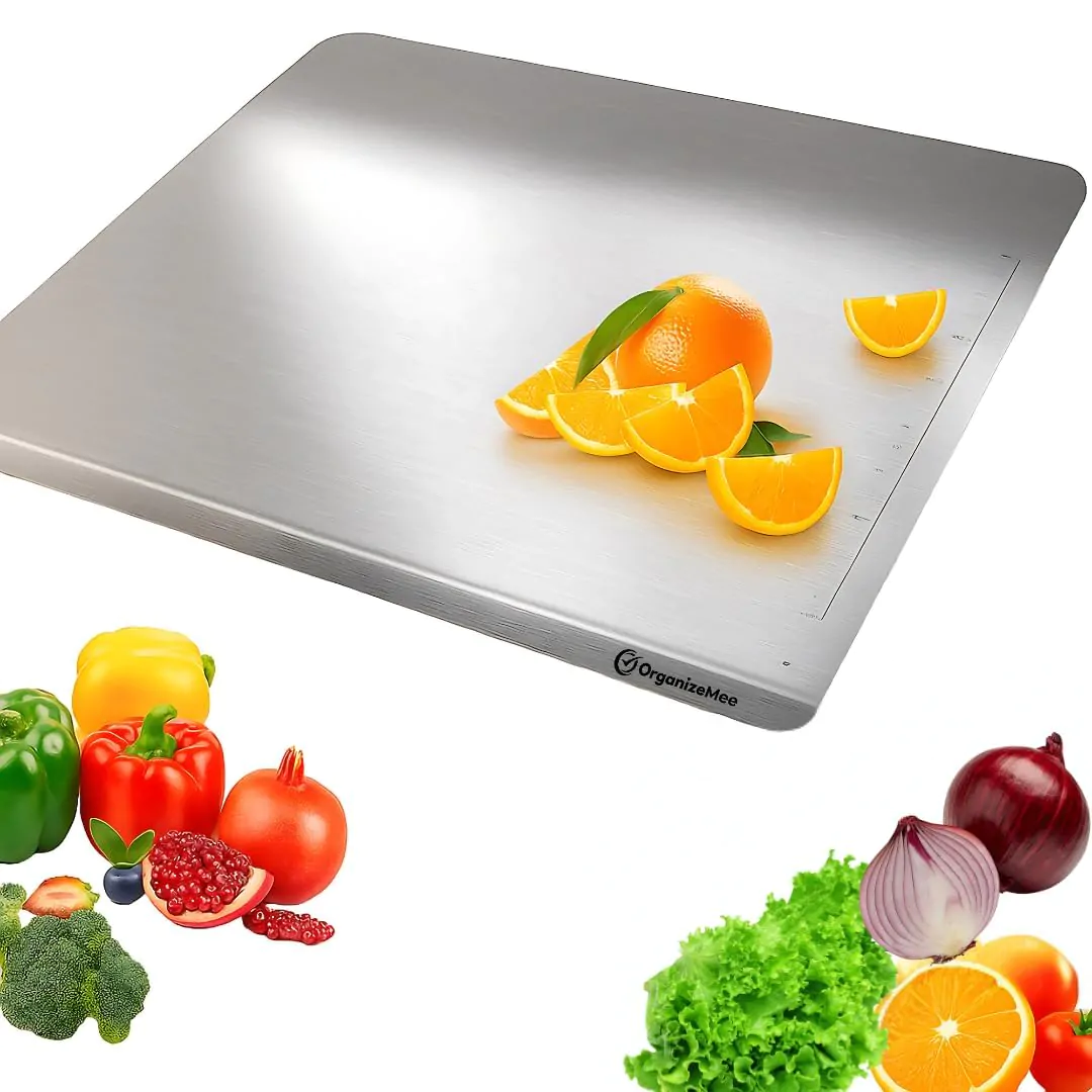 OrganizeMee Premium (35.8 cm x30cm) Stainless Steel Chopping Board | Steel Kitchen countertop for Cutting, Vegetable Chopper, for Meat & Veggies Items, Chopping Board Steel pad (Medium Platform)