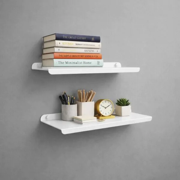 17 Inch WHITE Wall Shelf , Metal Floating Shelf for Wall, Wall Mounted Shelves, Modern Wall Shelf for Bedroom & Living Room Storage, Minimalist Wall Mount Shelf (43.18 CM Long X 17 CM deep)