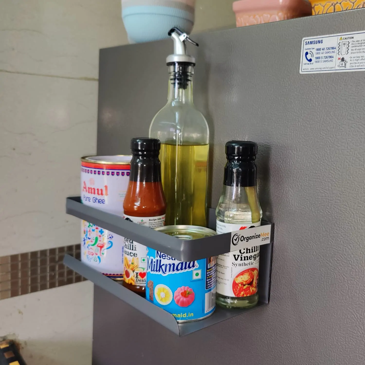 OrganizeMee kitchen organizer storage spice magnetic rack, decorate your fridge,washing machine & microwave oven with magnetic metal fridge side rack organiser rack shelf(GREY LARGE)-SET4