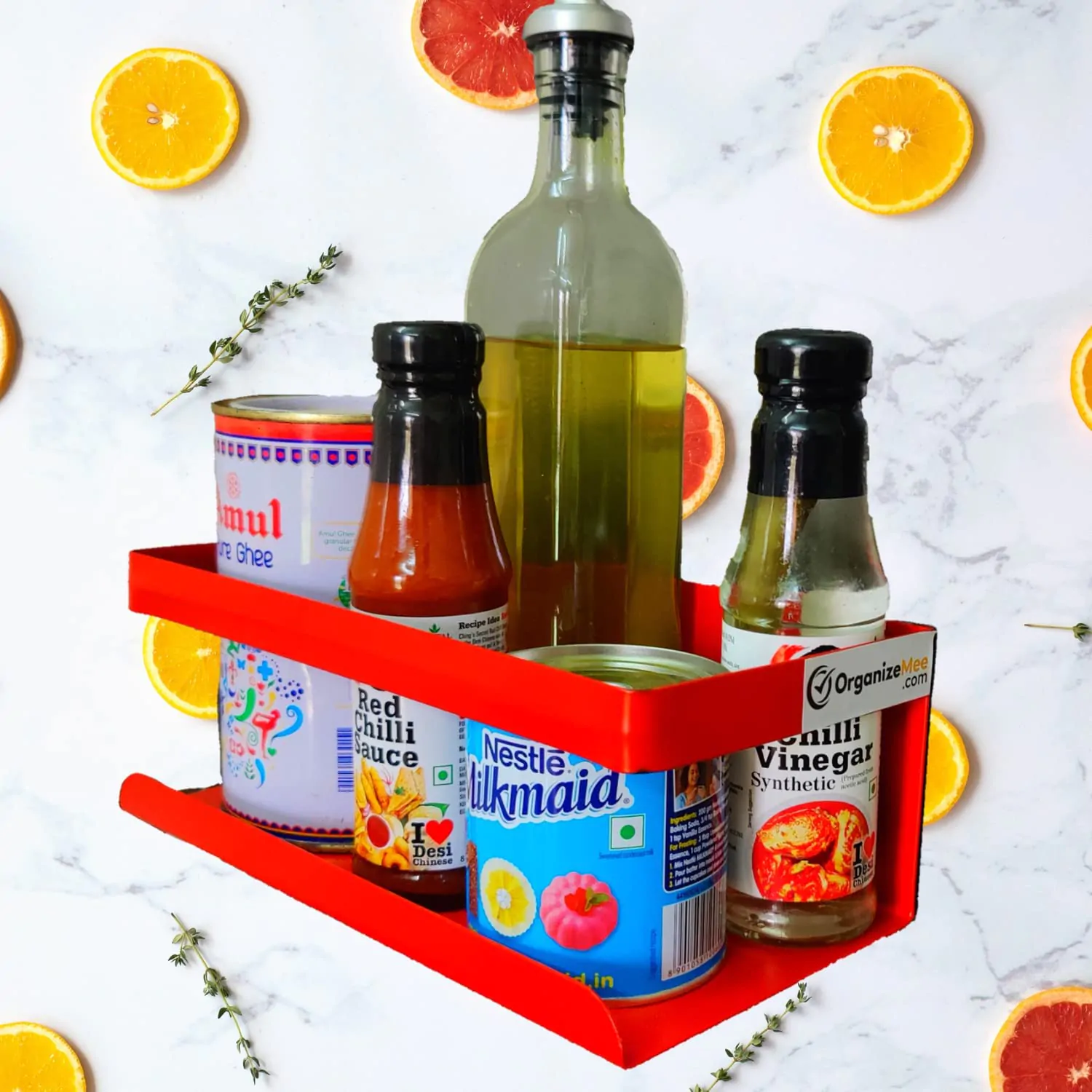 OrganizeMee Kitchen Organizer Storage Spice Magnetic Rack, Decorate Your Fridge,Washing Machine & Microwave Oven With Metal Fridge (Combined, Ferari Red Large) -Set 3, Countertop, Hanging Shelf