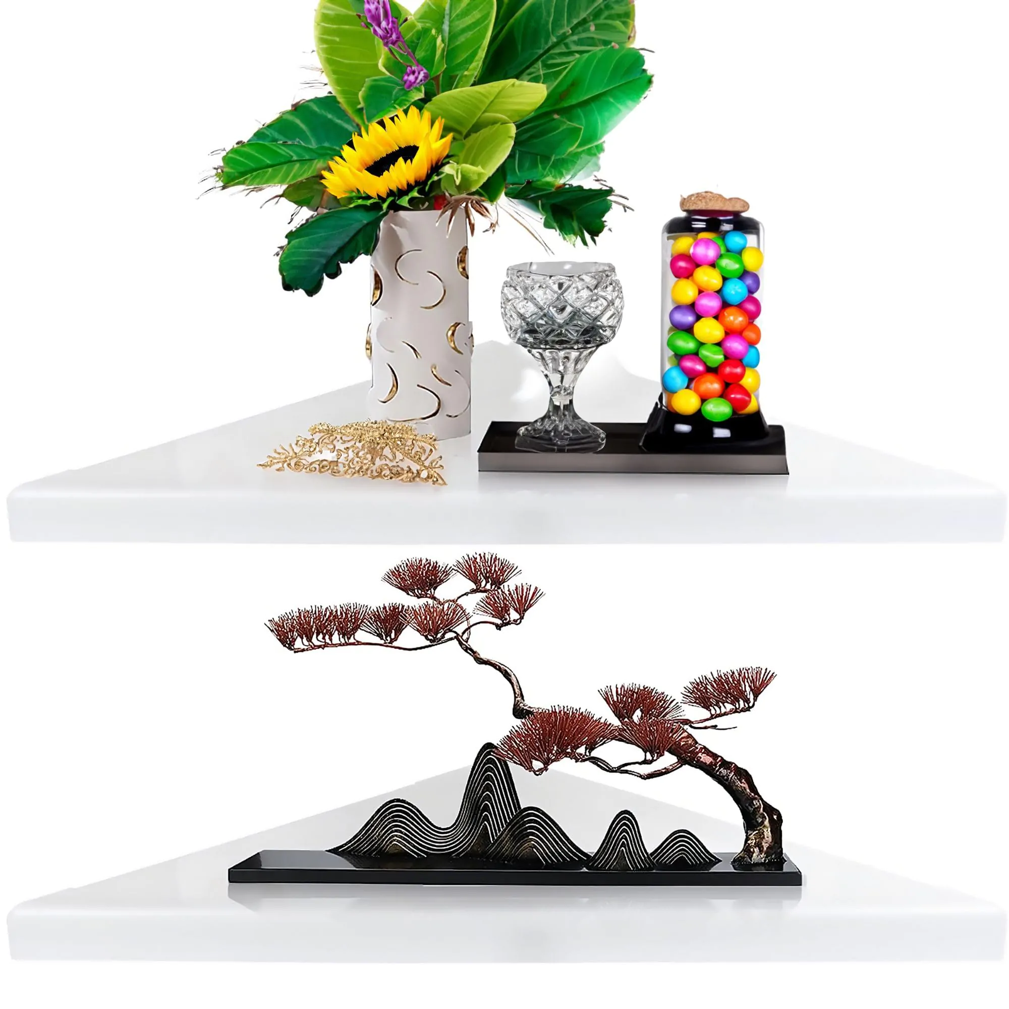 Black Corner Shelves (Set of 3 | Wall Mounted Display for Living Room, Bedroom, More (Trophy, TV, Plants)