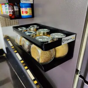 OrganizeMee kitchen organizer storage spice magnetic rack, decorate your fridge,washing machine & microwave oven with magnetic metal fridge side rack organiser rack shelf (Black)-Qty2