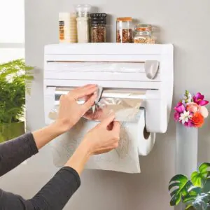 1 Pc 4-in-1 Adhesive Kitchen Tissue Paper Dispenser with Shelf Tissue Paper Roll Towel Holder – 38x7x24cm – Self-Adhesive or Screw Mount – White