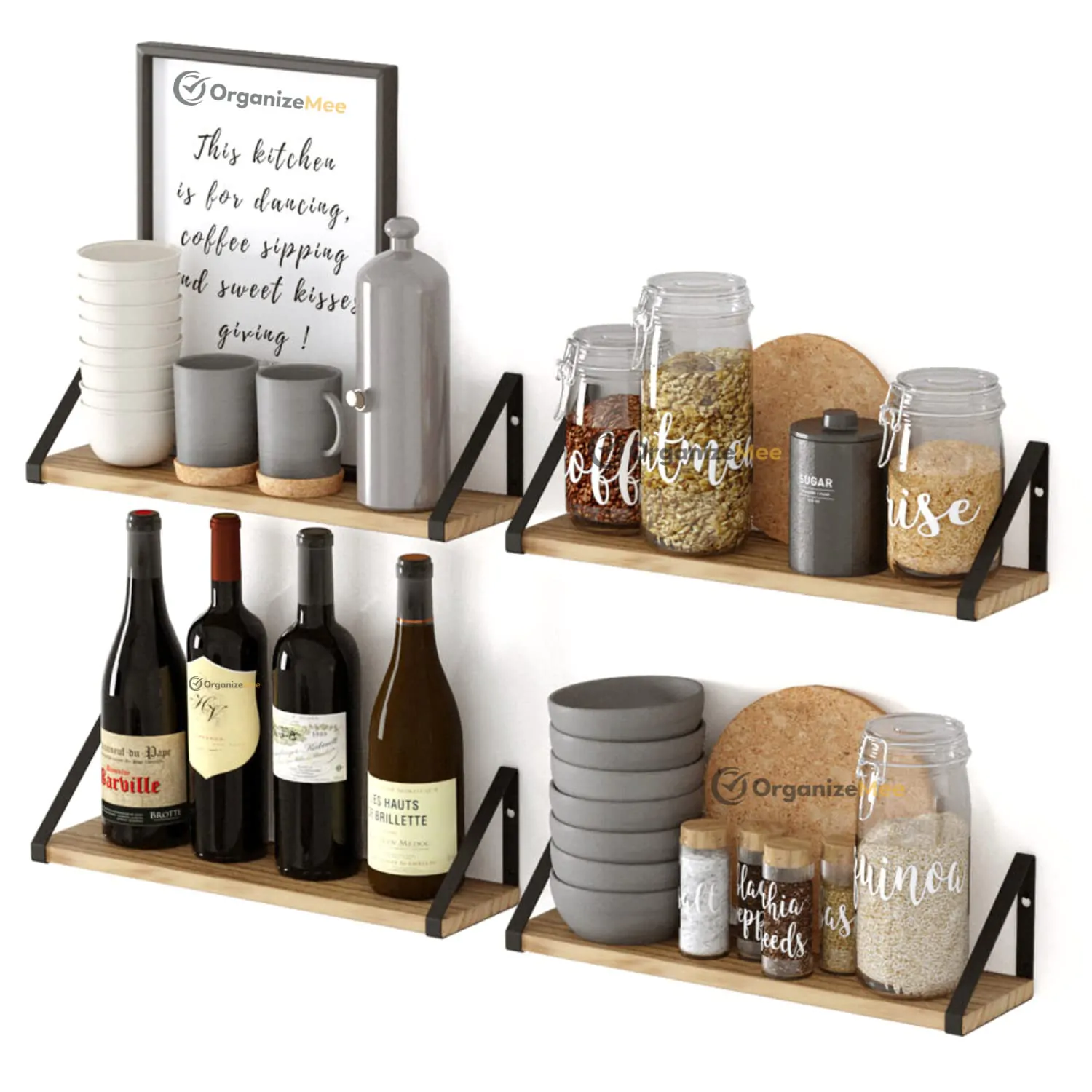 OrganizeMee Wooden Wall Shelf | Floating Pine Wood Rack with Polished Finish & Black Metal Brackets | Ideal for Living Room, Kitchen, or Bedroom Decor | Size: 16" | Qty: 1 Nos