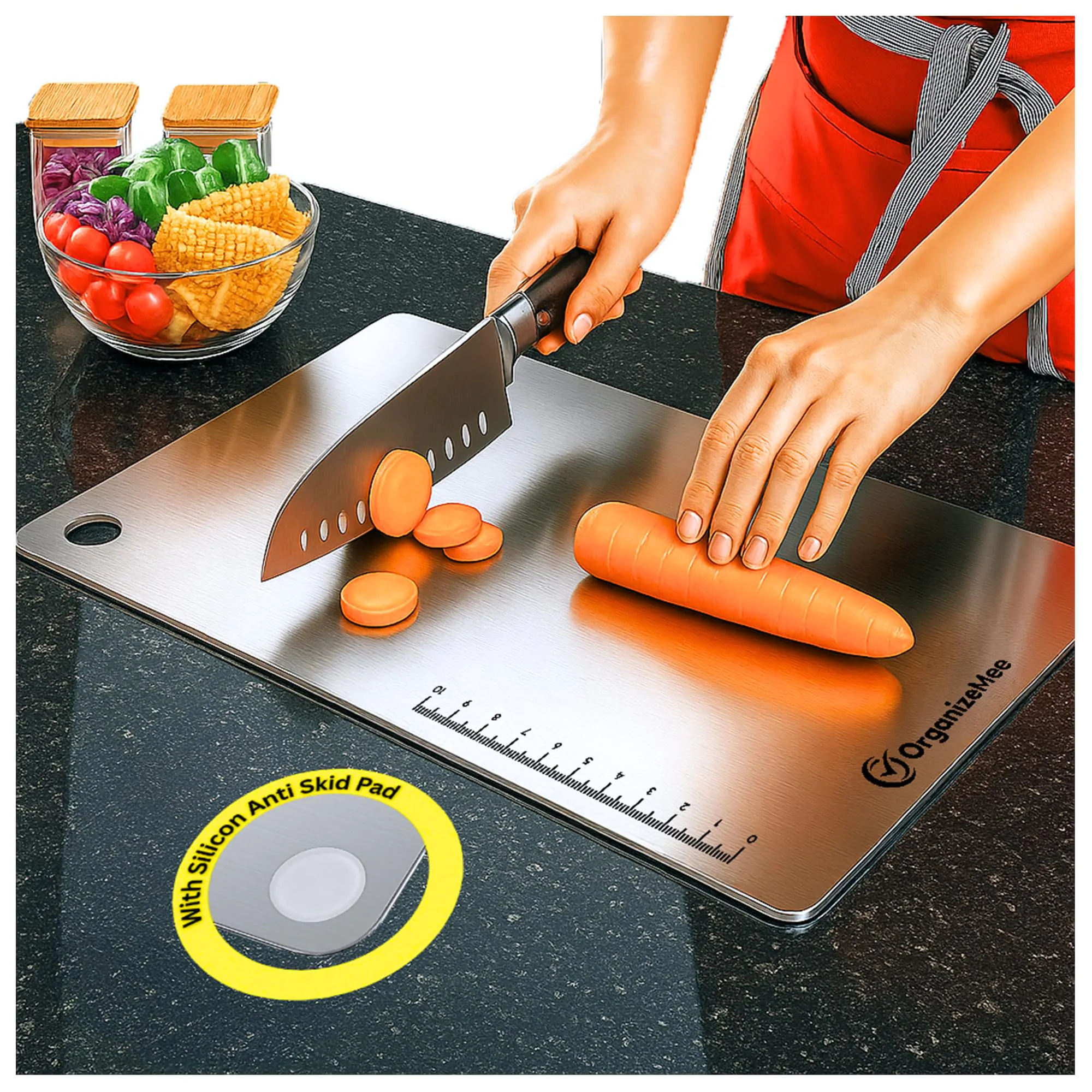 OrganizeMee Large Chopping Board Stainless Steel Metal Cutting Kitchen,Heavy Duty Choping-Board Vegetable, Meats vegitable Chopper Boards,Safe Durable with Anti-Skid Silicon Pad (Large)(36CM X 25CM)