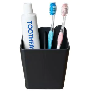 Wall Mounted Toothbrush Holder for Bathroom, No-Drill Self-Adhesive Plastic Organizer for Toothbrush & Toothpaste Storage, Space-Saving Black Bathroom Holder, 15 x 8.5 x 10.2 cm